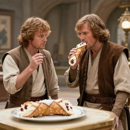 obi - wan kenobi meeting ben kenobi and eating cannoli inside an obi