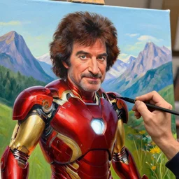 a closeup photorealistic photograph of bob ross working on a canvas painting of an iron man bob ross. lit studio, mountain scape. film still, vibrant colors. this 4 k hd image is trending on artstation, featured on behance, well - rendered, extra crisp, features intricate detail, epic composition and the style of unreal engine.