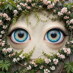 giant eyes surrounded by blooming vines