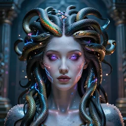 a cyberpunk close up portrait of cyborg medusa, electricity, rainbow, snakes in hair, sparks, bokeh, soft focus, sparkling, glisten, water drops, cold, dark, geometric, temples behind her, by paul lehr, jesper ejsing
