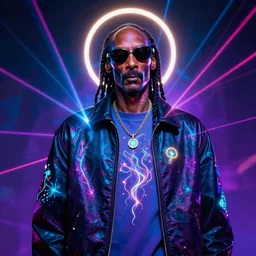 psychedelic snoop dogg with luminous scars, lasers and neon and a halo of light