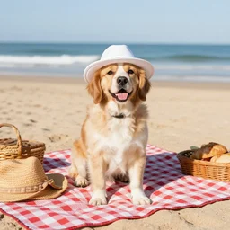 Dog with white hat on the beach having a picknick