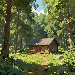 a clearing in a forest with a cabin, digital art, highly detailed, realistic, bright colors, 8 k