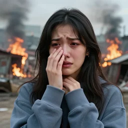 photographic portrait of a distressed streetwear woman holding back tears, a futuristic shanty town burns in the background, closeup, sigma 85mm f/1.4, 4k, depth of field, high resolution, 4k, 8k, hd, full color