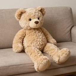 a teddy bear with very! very long!!!! legs on a formal couch, 4 k photo