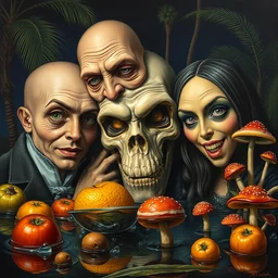 a baroque close - up portrait painting of a tropical addams family. water, colorful fruit, tropical palm trees, and mushrooms. surrealism. night background. highly detailed science - fiction fantasy painting by norman rockwell, moebius, frank frazetta, syd mead, and stanislaw fernandes. rich colors, high contrast. renaissance masterpiece. artstation