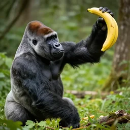 a gorilla desperately reaching for a banana that is slightly too far away