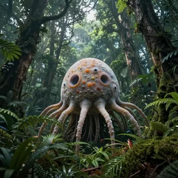 ginormous single celled slime amoeba in a dense jungle made of giant trees and dense foliage