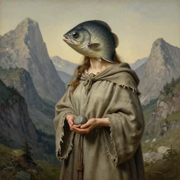 A detailed gray-eyed fishheaded woman stands among the mountains with a pebble in hands. Wearing a ripped mantle, robe. Extremely high details, realistic, fantasy art, solo, masterpiece, art by Zdzisław Beksiński, Arthur Rackham, Dariusz Zawadzki