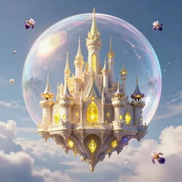 a irisdescent bubble flies high in the clouds. a magical mirror castle floats in this bubble, with yellow diamonds on the facade and many filigree turrets, insanely detailed, 8 k, 3 d, splendid