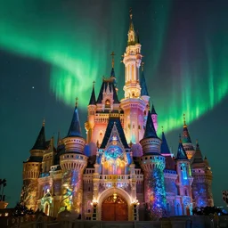 Beautiful aurora castle, rainbow-colored light, glass texture like brilliant, fine glitter, cinematic light effects,by Wlop