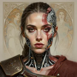 symmetry!! portrait of zoe kravitz in the style of god of war, machine parts embedded into face, intricate, elegant, highly detailed, digital painting, artstation, concept art, smooth, sharp focus, illustration, art by artgerm and greg rutkowski and alphonse mucha, 8 k
