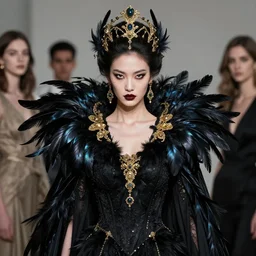 a hyperrealistic high fashion portrait of a fierce proud queen of ravens, in a black dress with a collar made of iridescent feathers and golden adornments, photorealistic, intricate details, by zhang jingna and soey milk and amir ershadi and anja millen