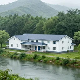 nursing home ( just some kind of small building ) near the river, forest, hills. rain