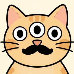 cat 2d [ three eyes, a nose, a mustache ] in style cartoon