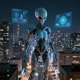alien city with holograms, hyper realistic