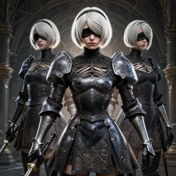 2 b from nier automata wearing knight armor 3 d render, insanely super detailed, realistic octane render, 1 6 k, detailed in front of an intricate background. art by james merry, micro detail, backlit lighting, trending on cgsociety