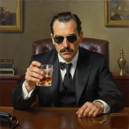 beautiful oil matte portrait painting mafia boss holding a glass of whiskey at his 5 0 s new york office desk wonderful masterpiece highly detailed central composition