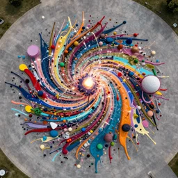 drip art installation that is both chaotic and beautiful. A multitude of colors and shapes in a constant state of motion. The viewer's eye is drawn to the center of the art installation, where a large, swirling mass of color and light dominates the composition. energy and movement. aerial view by Bill Viola, by Pegi Nicol MacLeod lifelike, calm