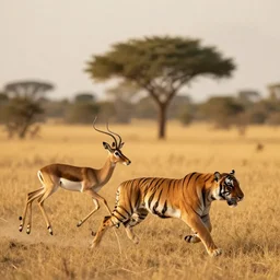 an antelope and a tiger, the antelope is chasing the tiger golden hour, 6 0 0 mm, wildlife photo, national geographics