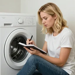 full shot of only one blonde woman in her mid 20's with shoulder-length hair. She is sitting on a washing machine. She is writing in a notebook. Side view. hyper realistic, 4k, intricate details.