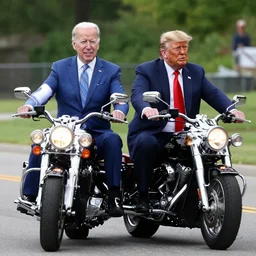 joe biden and donald trump riding two seater on a motorcycle bike together, photorealistic, detailed