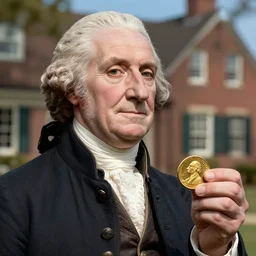 a closeup photorealistic photograph of happy George Washington inspecting small gold Doubloon coins at his home on Cherry Street. This 4K HD image is Trending on Artstation, featured on Behance, well-rendered, extra crisp, features intricate detail and the style of Unreal Engine.
