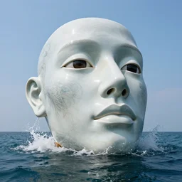 a massive porcelain sculpture of a surreal distorted human face on the ocean water, in the style of johnson tsang, cinematic, hyper - realistic, very detailed, realistic water splashes, ray tracing, 8 k resolution, long - shot, sharp focus, low angle, 8 5 mm photograph, wide lens