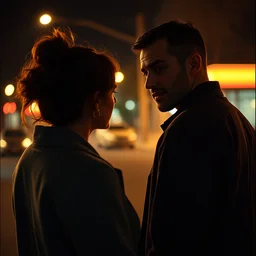 an award winning photo over - the - shoulder shot of a woman and a guy talking in the night, thriller vibe, ilford xp 2 s, color