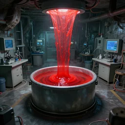 secret underground lab with vat of red slime in the middle