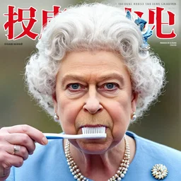 the queen of england with toothbrush mustache in a magazine cover photo. highly detailed hair