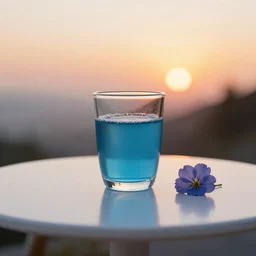 5 5 mm photo of glass of blue juice with flower on a zen minimalist round white table with marmalade sunset l in the background. highly detailed 8 k. intricate. lifelike. soft light,