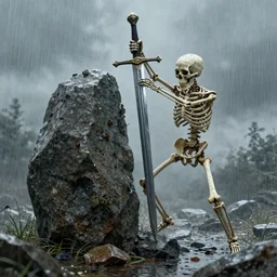 sword stuck in a stone while the once skeleton was trying to get it out, rain, stones, ultra realistic, artstation
