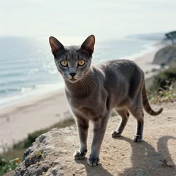 a slender grey cat standing on a cliff overlooking a beach. hyper realistic and anamorphic 2 0 1 0 s movie still of giovanni falcone, by paolo sorrentino, leica sl 2 3 0 mm, beautiful color, high quality, high textured, lens flare, refined face and muzzle.