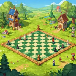 a whimsical chessboard themed landscape, at midday, from a fantasy point and click 2 d graphic adventure game, art inspired by john shroades, king's quest, sierra entertainment games
