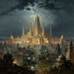 The futuristic city of Ayodhya, capital of Hindu Rashtra, in year 2150 on a monsoon midnight, by Canaletto, trending on ArtStation, masterpiece