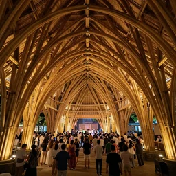 inside small pavilion made of bamboo. complex curved vaulting structure. a large crowd at a party. architectural photography. unreal engine 5, 4 k, 8 k. volumetric lighting.