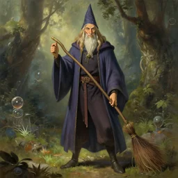 elegant fantasy wizard based on anthony edan holding a broom natural lighting, path traced, highly detailed, high quality, digital painting, by don bluth and ross tran and studio ghibli and alphonse mucha, artgerm