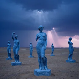 a field of blue marble large statues of woman in a desert in ominous blue light, overcast, godrays and pink light on the horizon by john martin and thomas kinkade