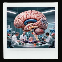 inside the brain!!!!!!!!!!!!!!!!!!!!!!!!!!, color polaroid photo of a brain growing lab with many engineers working inside a workshop where brains are manufactured, cerebral interior by moebius in the style of jean giraud, cortex, brain, brains, grey matter, anatomy