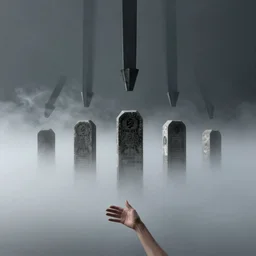 arm reaching out of thick fog, 6 stelae pointing down from the sky, zero gravity, zdzislaw beksinski