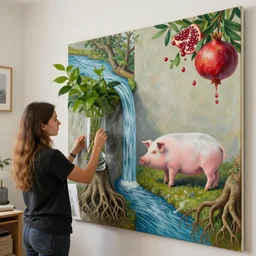 a female art student in her apartment, plants in glass vase, river flowing through a wall, pig, buttress tree roots, canoe, pomegranate, berries dripping, acrylic on canvas, surrealist, by magritte and monet