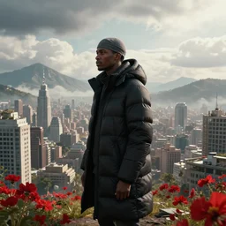 an epic cityscape with a singular 🧔🏿♂ wearing a black winter puffer coat and a gray durag, buildings, mountains, clouds in the sky, concept art, octane render, unreal engine 5, trending on deviantart, highly detailed, high quality, 4 k, low contrast, path traced, godrays, bloom, ferdinand knab, beautiful landscape, red flowers, trending on artstation, soft lighting, hyperrealistic, digital art