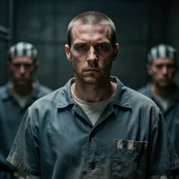 an ultra realistic, cinematic, fantasy, portrait, of a prisoner, dramatic, soft light, facial features, stood in a cell, with prison clothing, detailed, deep focus, movie still, dramatic lighting, ray tracing, by michal karcz and yoshitaka amano