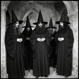 - Early black and white photograph of robed figures with tall pointed hats inside a castle, creepy, 8mm