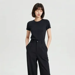 portrait of a girl in long pants and a top, hands in pockets, eyes closed, bob haircut, digital art, black and white, lineart