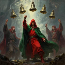 ''cinematic shot'' red hooded wizard with bells ringing simetrical 8 k atmosferic realistic, wearing a green cape, holding a bell, made by ivan aivazovsky, peter mohrbacher, greg rutkowski volumetric light effect broad light oil painting painting fantasy art style sci - fi art style realism premium prints available artwork unreal engine