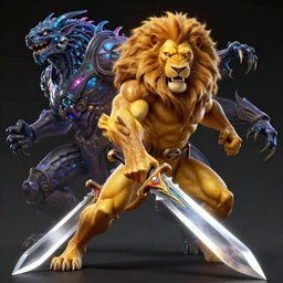 highly detailed Liono from Thundercats, sword of omens, fighting mumra, cyberpunk, concept art, character art, studio lightning, bright colors, intricate, masterpiece, photorealistic, hyperrealistic, sharp focus, high contrast, Artstation HQ, DeviantArt trending, 8k UHD, Unreal Engine 5