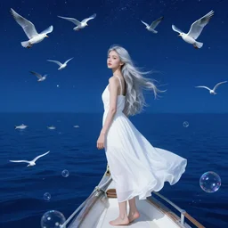 a young thin good looking white woman with sliver long hair wearing a long white dress, on a boat flowing in the deep blue starry sea, flying white birds, sea animals, bubbles like a dream, hyperrealistic, highly detailed, fairytale by gustav klimt, whole body, look back