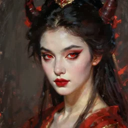 attractive demon queen with red eyes, painting by gaston bussiere, craig mullins